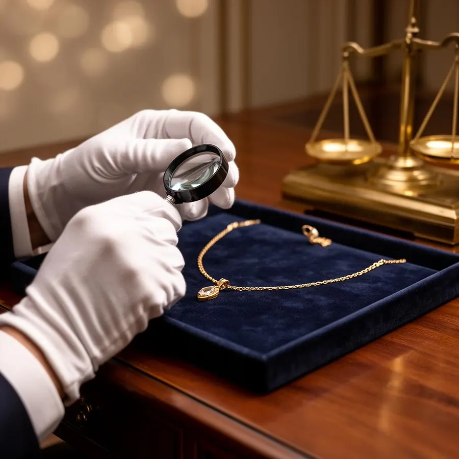 Expert taxeert gouden ketting met loep en weegschaal voor klanten uit Valkenswaard